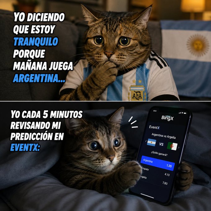The image shows a cat sitting on top of a bed, with its paw holding a cell phone displaying an event schedule for "Bing X World Cup Argentina" at 10 minutes per view. The text in the image includes Spanish phrases related to the event, such as "POV: mañana juega Argentina", which translates to "Post: Mañana juega Argentina".
