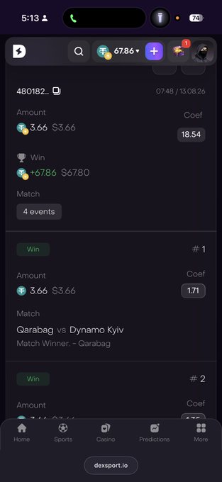 A mobile screenshot of the dexsporter.io sports betting app displaying a winning bet on 'Qarabag vs Dynamo Kyiv' with a coefficient of 18.54 and a $6780 win.
