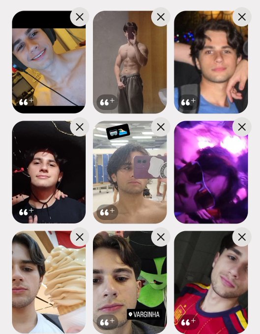 A grid of nine social media photos showing young men in casual selfies, shirtless poses, and playful shots, each with a close (X) button and a quote+icon overlay.