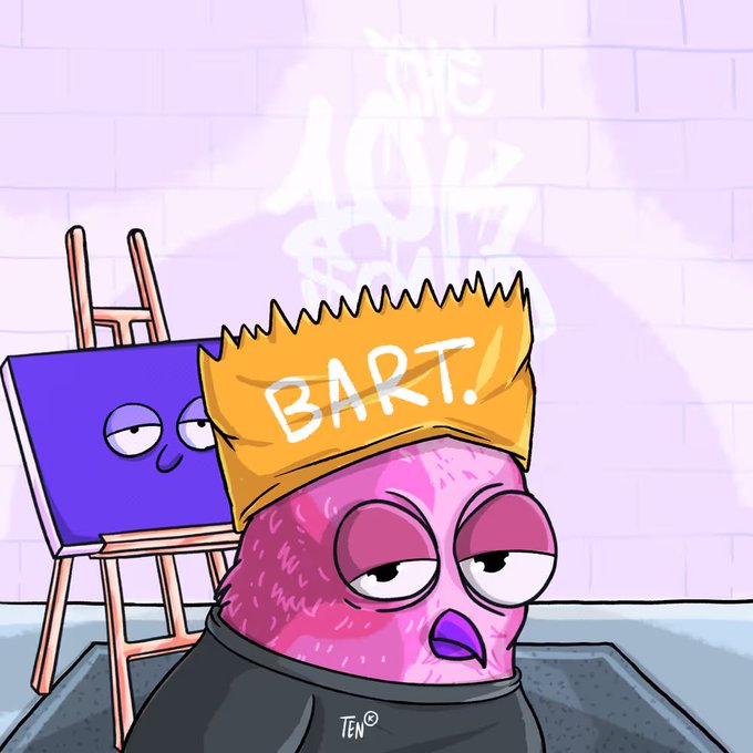 A cartoon illustration features a pink character with spiky hair wearing a yellow crown labeled 'BART' in a graffiti-covered brick room, with a blue canvas character watching from an easel.