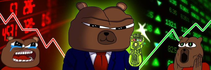 Three cartoon bears in suits reacting to stock market charts - one crying on the left, one in the center wearing a tie, and one shocked on the right, set against red and green financial graph backgrounds.