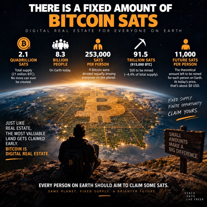 A Bitcoin promotional infographic titled 'THERE IS A FIXED AMOUNT OF BITCOIN SATS' markets 'Digital Real Estate for Everyone on Earth,' displaying key statistics: 2.1 Quadrillion Sats total supply (21 million BTC), 8.3 Billion People on Earth, 253,000 Sats per person, 91.5 Trillion Sats still to be mined (~4.4% of total supply), and 11,000 Future Sats per person worth about $8 USD, with a tagline 'EVERY PERSON ON EARTH SHOULD AIM TO CLAIM SOME SATS' and the message 'SMALL AMOUNTS MAKE A BIG DIFFERENCE.'