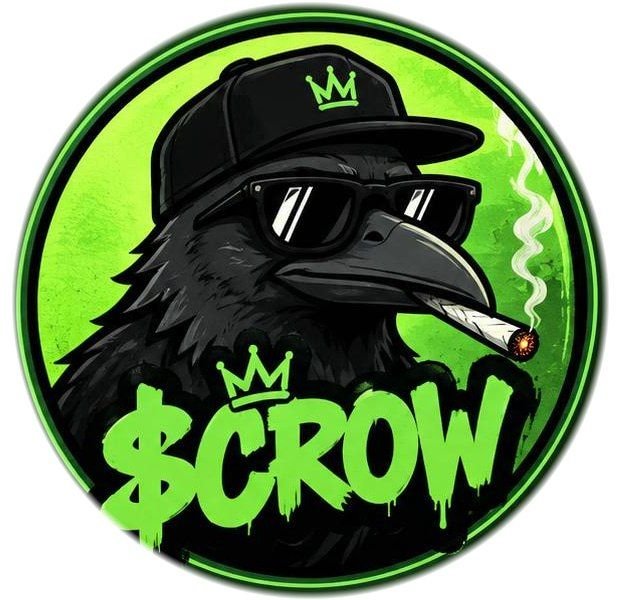 A circular green and black logo featuring a stylized crow wearing sunglasses, a cap, and smoking a joint, with the text "$CROW" and a crown symbol.