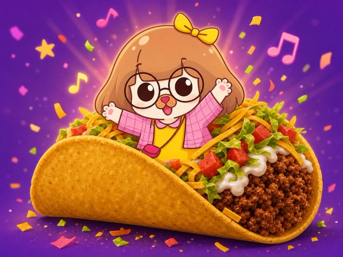 A colorful cartoon-style illustration of a cheerful girl with glasses and a bow emerging from a large, loaded taco filled with meat, lettuce, and cheese, surrounded by confetti and music notes against a purple background.