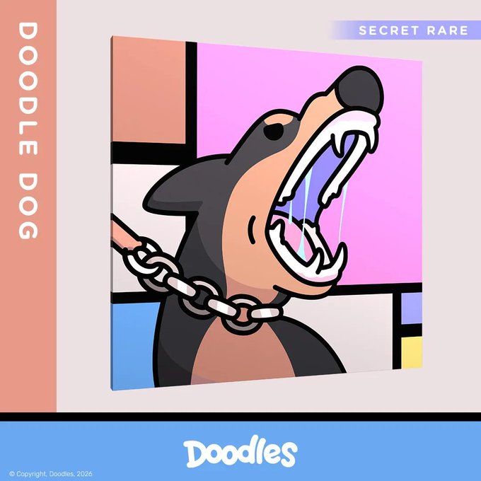 The image features a cartoon dog with its mouth open, showing off its teeth. The text "Doodle Dog Secret Rare" is written above the dog's head, indicating that this is a rare and valuable item for collectors or fans of the Doodle series.