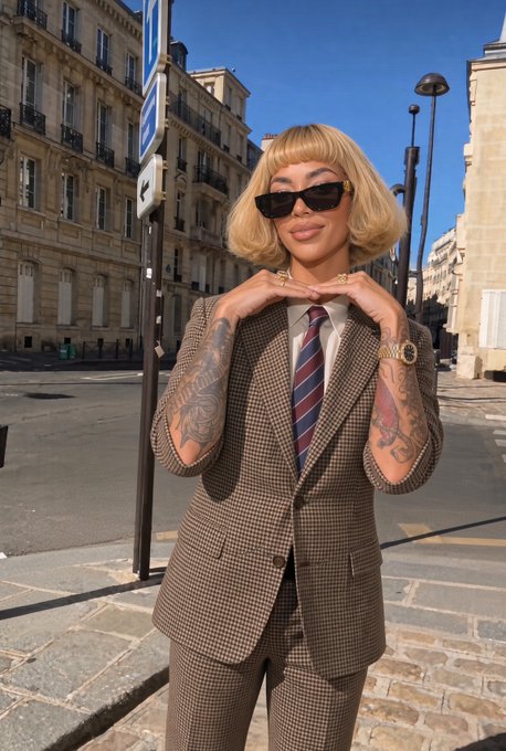 A woman with a blonde bob, wearing sunglasses, a houndstooth suit, and a striped tie, posing on a sunlit city street.