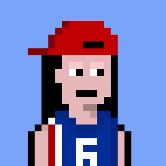 A pixel art character wearing a red cap and blue jersey with the number 6 stands against a blue background, visually representing the "Nakamigos" NFT collection referenced in the caption. The simple 8-bit style matches the avatar aesthetic of the Nakamigos project, which the post humorously frames as an irresistible community despite confusing real-world explanations.