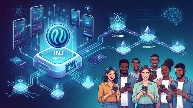 A digital illustration showing the INJ (Injective) cryptocurrency logo connected to other blockchain networks including Cardano and Ethereum, with people using mobile devices displaying AI and crypto trading interfaces.