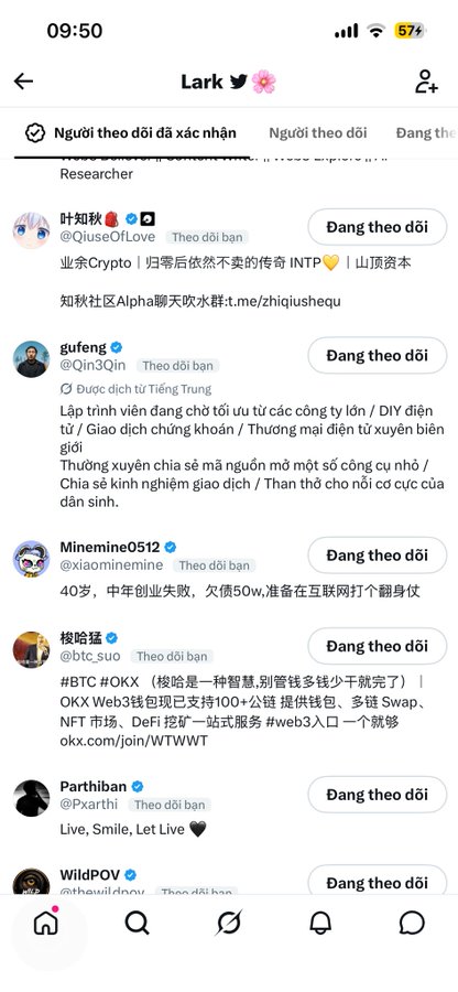 A Twitter/X followers list for the account 'Lark', displaying researchers and crypto-focused accounts including QiuseOfLove, Qinq3Qin, xiaomineminie, btc_suo, and Pxarthi.