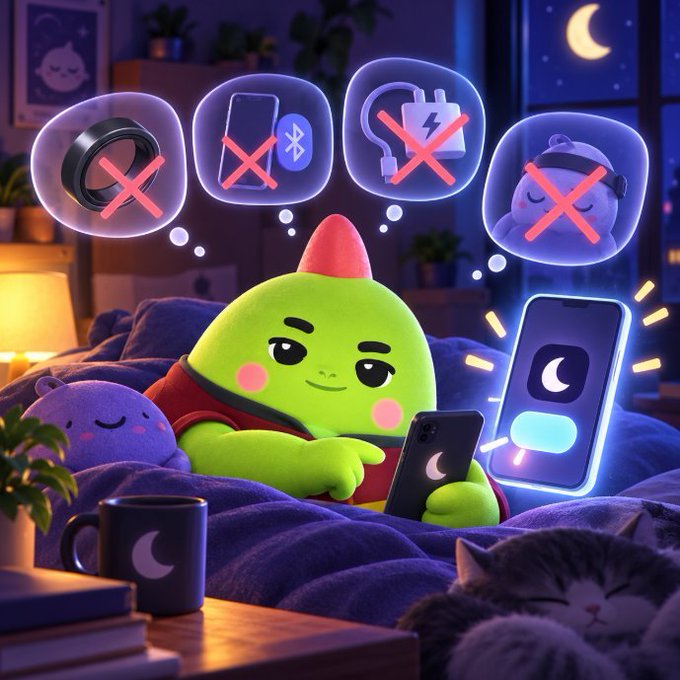 A 3D animated illustration of a green character in bed at night thinking about disabling notifications on a smartwatch, phone, and other devices, while holding a phone with a moon icon displayed on it.