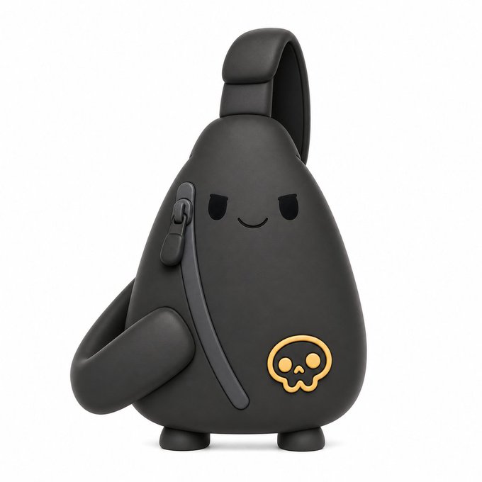 A 3D-rendered black pear-shaped character with a smiley face, small arms, and a yellow skull logo, possibly a mascot or bag design.