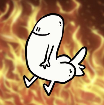 A simple cartoon drawing of a smiling, rounded white figure running frantically with its arms flailing against a background of roaring flames.