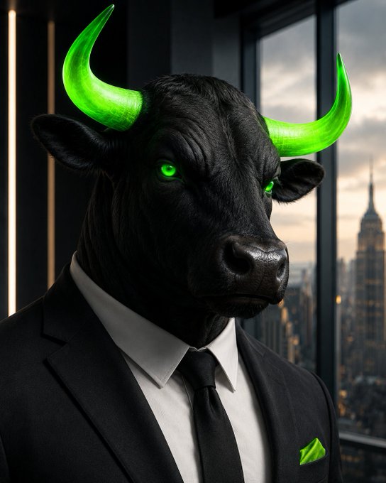 A digital portrait of a black bull with bright green neon horns and glowing green eyes, wearing a black business suit and tie with a green pocket square, set against a cityscape with the Empire State Building visible.