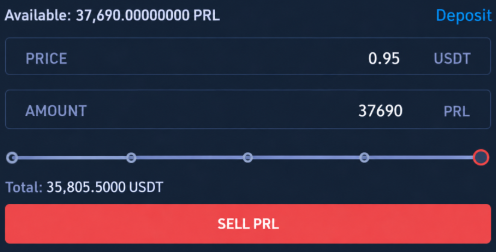 A crypto trading interface showing an offer to sell 37,690 PRL tokens at a price of 0.95 USDT, totaling 35,805.5000 USDT, with a red "SELL PRL" button.