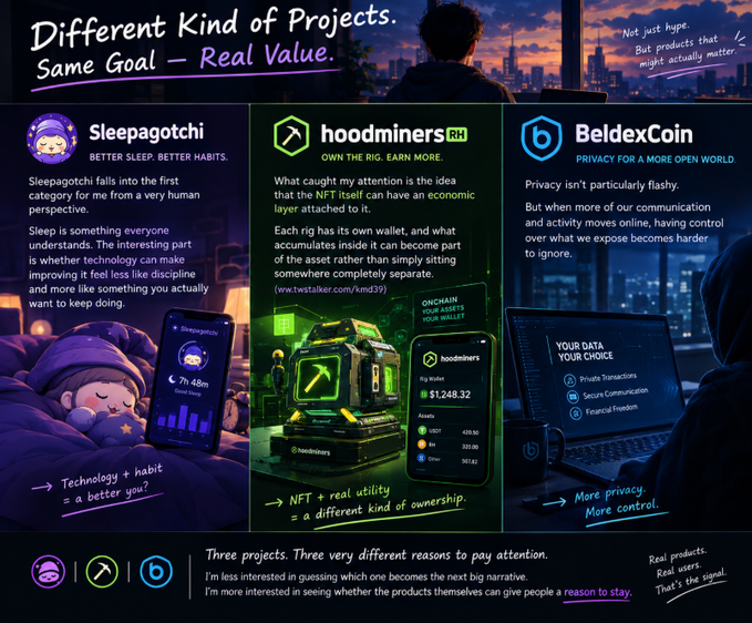 A digital presentation slide titled 'Different Kind of Projects. Same Goal - Real Value.' showcases three cryptocurrency/Web3 projects: 'Sleepagotchi', 'hoodminers.RH' (showing a wallet with $1,248.32), and 'BeldexCoin'.