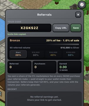 A 'Referrals' screen from a cryptocurrency platform showing a code 'XZ6KS2Z', Bronze tier (20% fee, 1% of sale), and statistics for referred volume, purchases, and earnings.