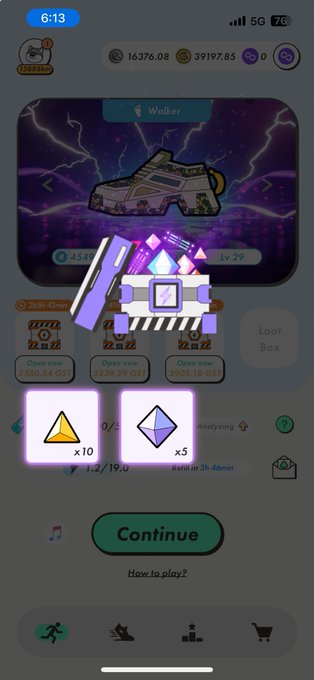 A mobile game screenshot showing a "Walker" shoe NFT at level 29 valued at 43.45, with 5 Continue button and inventory items including 10 yellow triangles and 5 purple diamonds. The game interface displays resources like 16376.08 and 39197.85, suggesting the user is showcasing their in-game progress and digital asset collection from their P国LV8MB game account.