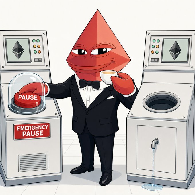 A cartoon red Ethereum logo character dressed in a black tuxedo and bow tie holds a teacup, standing between two Ethereum-themed machines labeled 'EMERGENCY PAUSE' and 'PAUSE', with water leaking from the right machine.