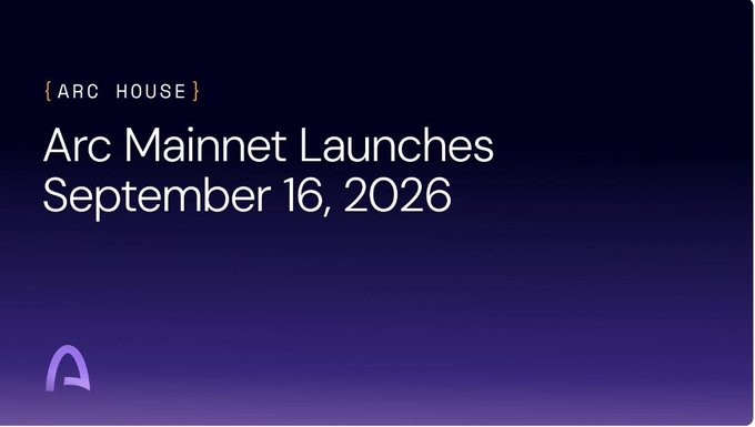 A dark purple slide displays '[ ARC HOUSE ]' and announces 'Arc Mainnet Launches September 16, 2026' with an 'A' logo in the corner.