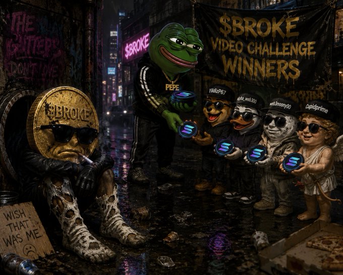 A meme-style illustration depicting a homeless Pepe the Frog character on the left with a '$BROKE' coin face and a 'WISH THAT I WAS ME' sign, while a well-dressed Pepe distributes Solana coins to winners including YadazP67, mika_wsb300, WellMoney01, and Cupidprime.
