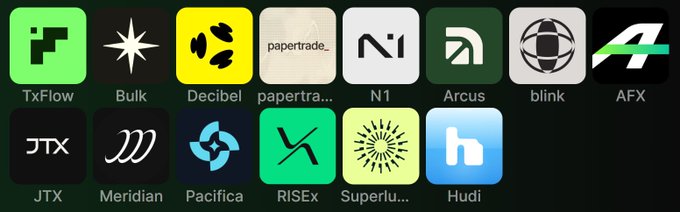 This image displays a grid of app icons, likely representing various decentralized applications (dApps) or platforms in the crypto space, such as TxFlow, Bulk, Decibel, and JTX. The post suggests these are potential airdrop opportunities, relevant to the user's farming strategy given the mention of "perp dex."
