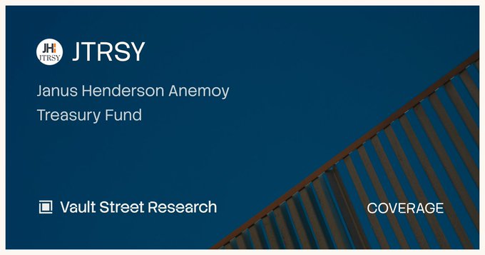 The image is a banner for Vault Street Research's coverage report on the Janus Henderson Anemoy Treasury Fund (JTRSY). It visually illustrates the post's point that tokenized funds are now receiving the same type of independent, third-party research coverage typically reserved for traditional funds.
