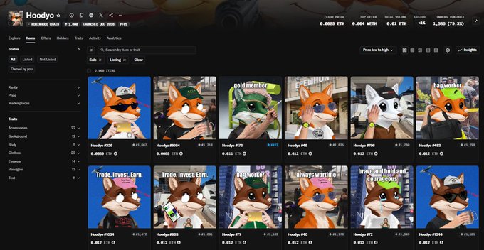 The image shows a Hoodyo NFT collection marketplace page displaying a grid of digital fox-character NFTs, with floor prices listed in ETH and other cryptocurrencies. Visible items include Hoodyo #209, #204, #113, #45, #136, #232, #234, #253, #71, #10, #72, and #144, with floor prices ranging from 0.004 ETH to 0.113 ETH, supporting the post about minting a Hoodyo NFT on the RH chain.