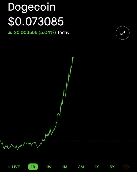 A mobile stock chart for Dogecoin showing a price of $0.073085, up 5.04% today, with a sharp upward green price spike on the 1D timeframe.
