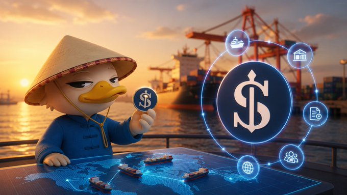 An AI-generated image showing a duck wearing a conical hat holding a dollar coin, with a large dollar sign surrounded by icons representing shipping, banking, and global trade, set against a port at sunset.