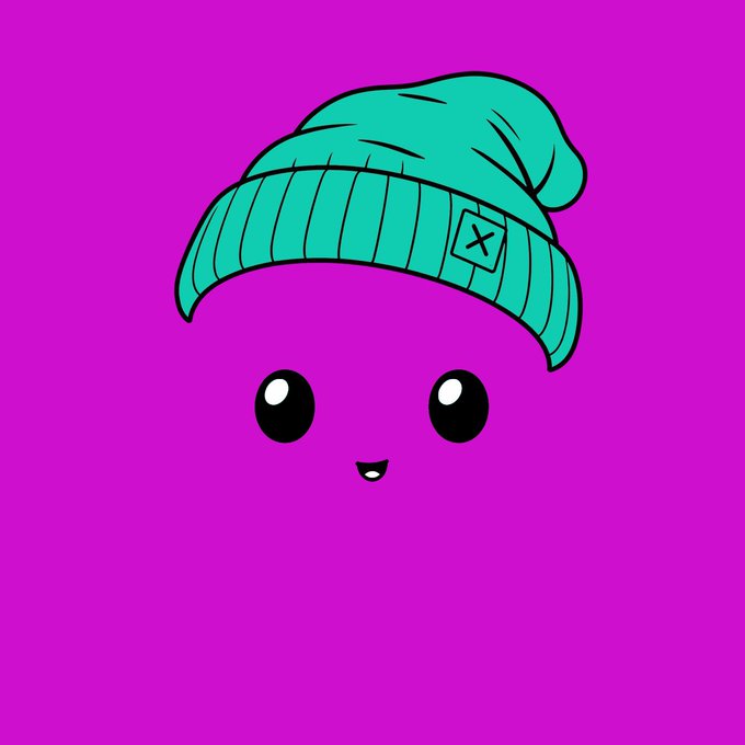 A cute, minimalist cartoon character with big black eyes and a small smiling mouth wears a teal beanie featuring a small patch with an "X" mark, set against a bright magenta background. The simple, playful design aligns with the post's mention of building a small NFT character collection on RobinhoodApp.