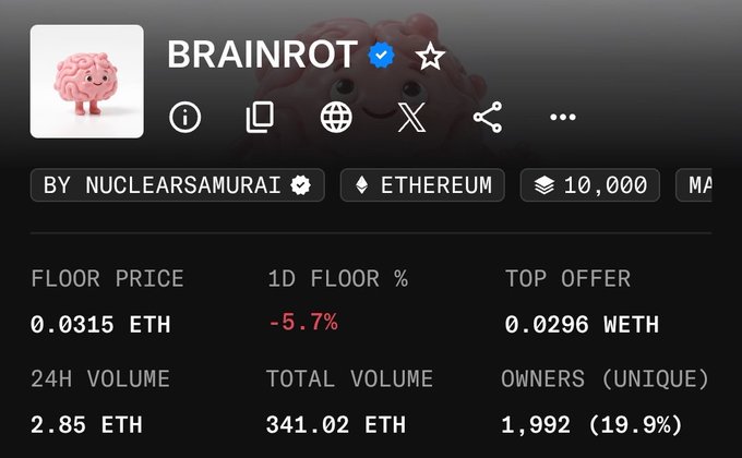The image features a screenshot of a computer screen displaying the page title "Brainrot" at the top with an array of icons and text boxes below, which might be information about the game or the owner. The majority of these elements are focused on cryptocurrency markets, specifically discussing the game, its worth, and the owner's interest in it. The presence of cryptocurrency-related content and icons suggests that the image is related to an advertisement for Brainrot or a discussion about how this particular game has gained popularity among crypto enthusiasts.
