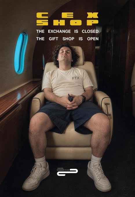A meme poster titled 'CEX SHOP' showing Sam Bankman-Fried sitting slumped in a chair with the text 'THE EXCHANGE IS CLOSED' and 'THE GIFT SHOP IS OPEN', with a 'DIGITAL ASSET USER CLUB' logo.