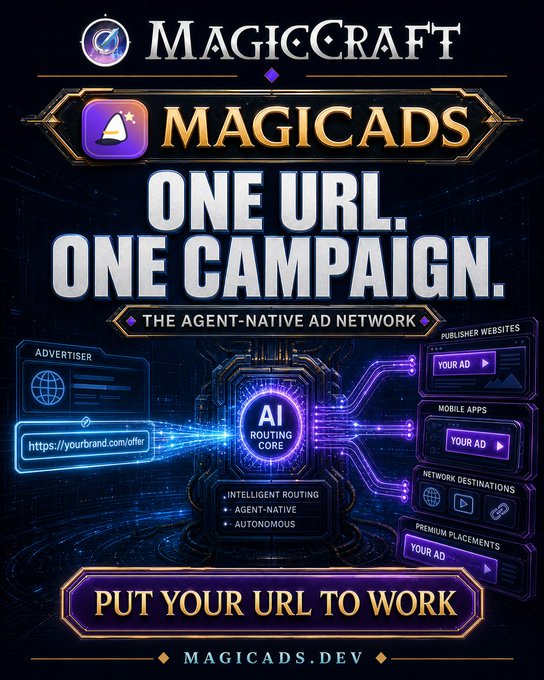 A promotional advertisement for 'MagicCraft MagicAds' with the tagline 'ONE URL. ONE CAMPAIGN. THE AGENT-NATIVE AD NETWORK' and the website magicads.dev.