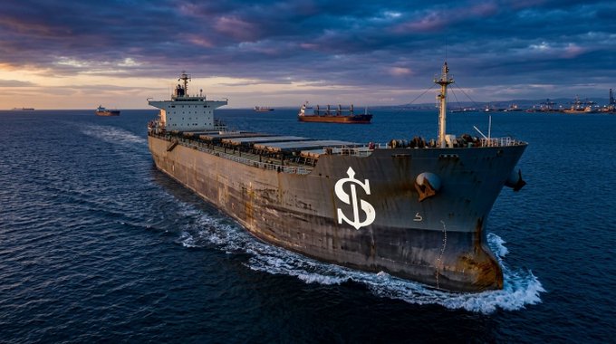 An aerial photograph of a large cargo ship sailing on the ocean at dusk, featuring a prominent white 'CS' logo on its hull.