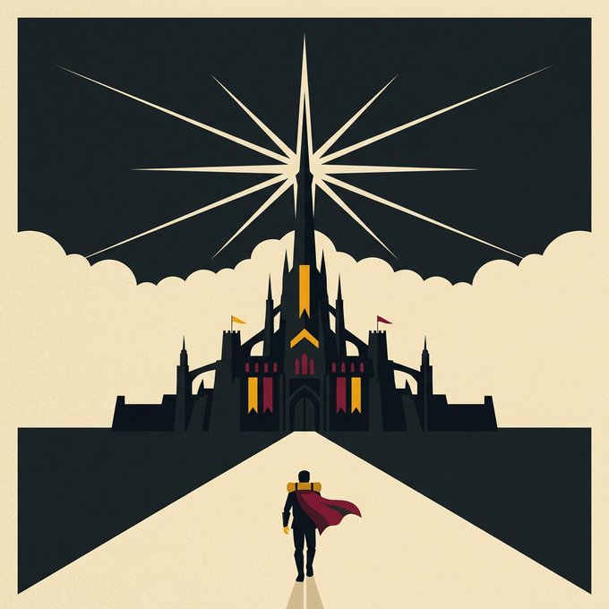 A lone figure with a flowing red cape walks down a sunlit path toward a grand, illuminated citadel crowned by a radiant starburst, embodying a heroic journey to "The Citadel" of @MeridianCapDAO. The towering fortress and dramatic star symbolize aspiration, power, and the destination awaiting the traveler.