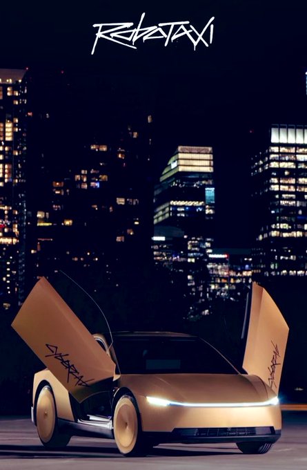 A futuristic sports car with butterfly doors open, branded with 'CYBERTRUCK' graffiti, parked in front of a nighttime city skyline with 'Rohotavi' text at the top.