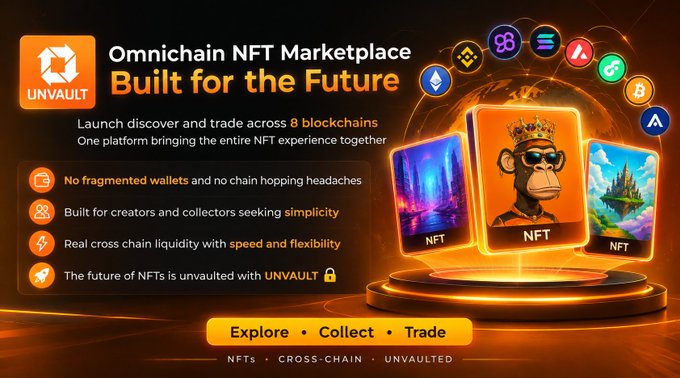 A promotional banner for 'UNVAULT' advertises an 'Omnichain NFT Marketplace Built for the Future' with features like 'No fragmented wallets' and 'Real cross chain liquidity,' alongside various NFT images.