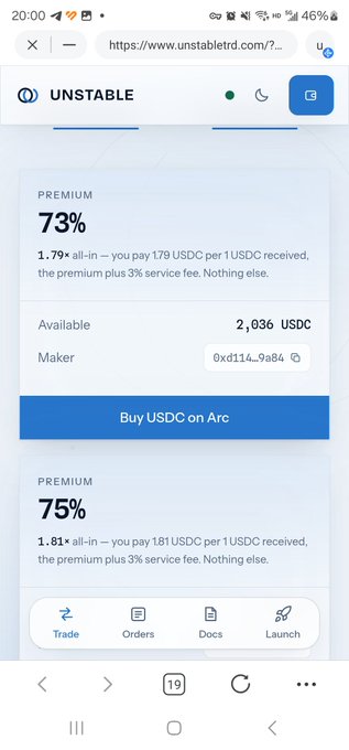 A mobile screenshot of the Unstable website (unstablerd.com) showing premium rates of 73% and 75% for USDC trading, with 2,036 USDC available.