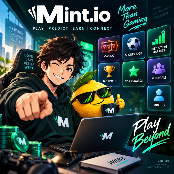 A promotional graphic for Mint.io featuring an anime-style character with a lemon mascot wearing sunglasses, alongside icons for Casino, Sportsbook, Prediction Markets, Jackpots, XP & Rewards, Referrals, and Mint ID.