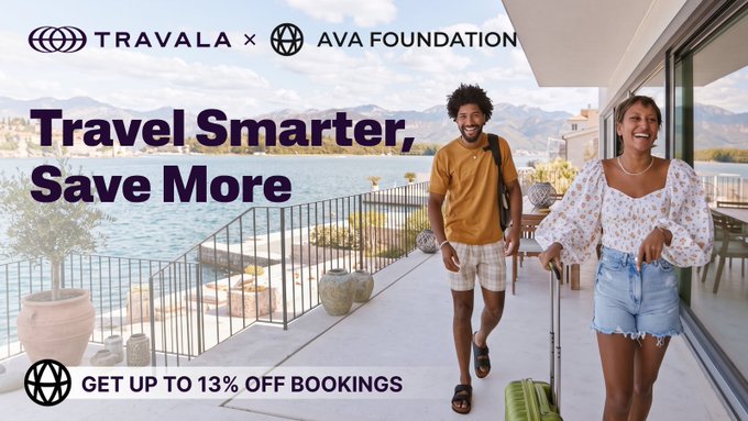 An advertisement featuring a smiling couple walking by the sea, with text reading 'TRAVALA x AVA FOUNDATION', 'Travel Smarter, Save More', and 'GET UP TO 13% OFF BOOKINGS'.