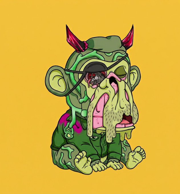 An illustration of a zombie-like Bored Ape character with green decaying skin, pink horns, an eye patch, and melted/dripping facial features on a yellow background.