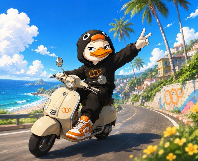 The image features a cartoon penguin riding a motorcycle down a road with palm trees and houses nearby, giving off a fun and playful vibe. The post seems to be discussing web3 fragmentation or fragmentation within five different apps, which has been stripped away from their core signal in the noise. The post suggests that Web3 communities are losing their core signal due to fragmentation, but there is an alternative solution provided by @wallchain.