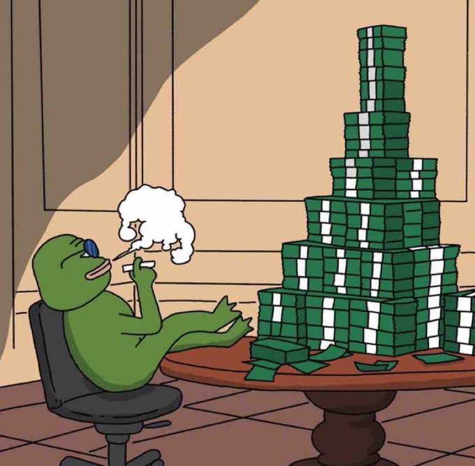 An illustration of a green frog character wearing sunglasses, sitting in a chair and smoking a cigar while resting its feet on a table next to a tall pyramid stack of green banded money.