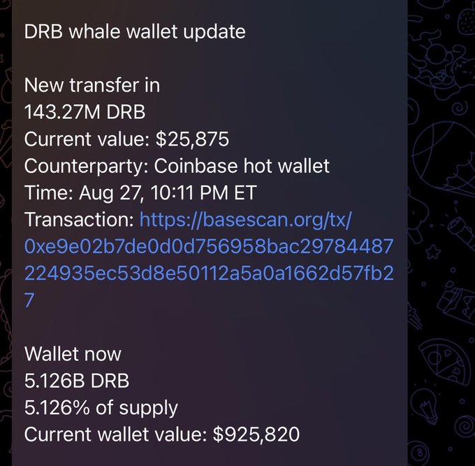 A whale wallet received a new transfer of 143.27M DRB ($25,875) from a Coinbase hot wallet on Aug 27 at 10:11 PM ET, bringing their holdings to 5.126B DRB (5.126% of total supply), valued at $925,820. This supports the post's claim that the $DRB whale is still actively accumulating and now controls over 5% of the circulating supply.