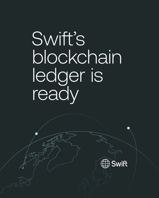 A promotional graphic for Swift announces "Swift's blockchain ledger is ready" in white text against a dark background, featuring a stylized globe with connection nodes and the Swift logo, visually reinforcing the post's announcement that Swift has launched its live blockchain ledger for tokenized cross-border payments with 17 major banks piloting the system.