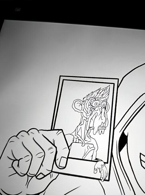 The image features a hand holding a picture of a monkey orangutan that appears to be in a frame. The background of the image is white, which contrasts with the black line drawing of the monkey's face. The caption below the image reads "My reach is pretty bad but I will show up daily If you are seeing this I'M cooking NXT commission, Guess who is this it'S not an ape but with ape".