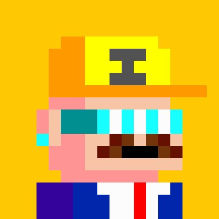 A pixel art portrait of a blonde character wearing a yellow hard hat with a gray "I" symbol, cyan sunglasses, a wide grin, and a blue jacket against a bright yellow background.