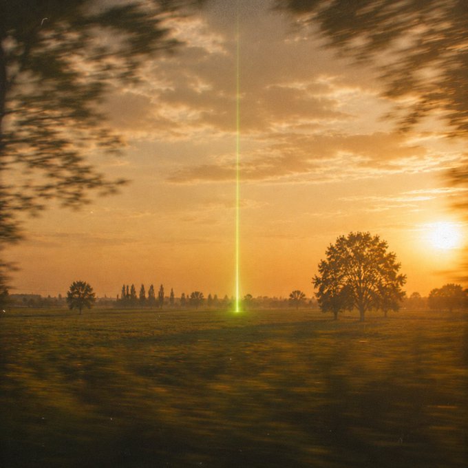 A vibrant green beam shoots up from a golden field at sunset, surrounded by silhouetted trees and a hazy orange sky, evoking a cinematic, sci-fi anticipation that mirrors the "q4 loading" mood of something monumental about to arrive.