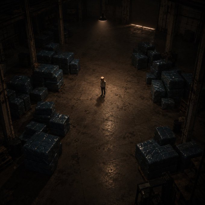 A person stands alone in a dark warehouse illuminated by a single overhead light, surrounded by stacks of blue-wrapped pallets arranged in rows.