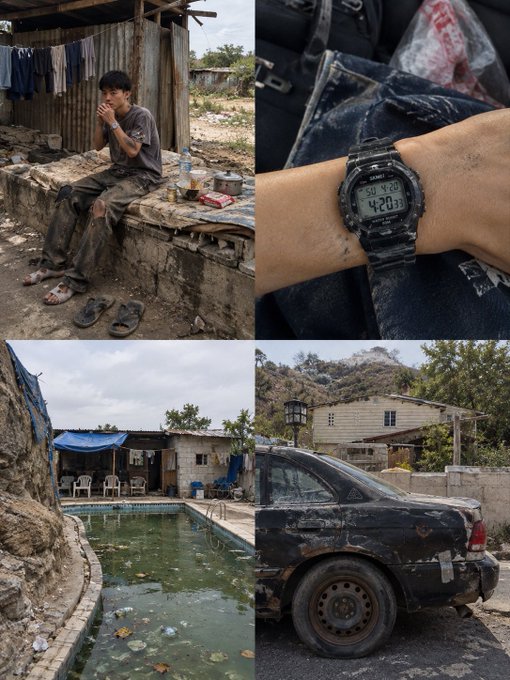 A collage of four images shows a young man sitting on a ledge with a mud-covered G-Shock watch reading 'SU 4-20 4:20', a dirty swimming pool, and a damaged, muddy black car.